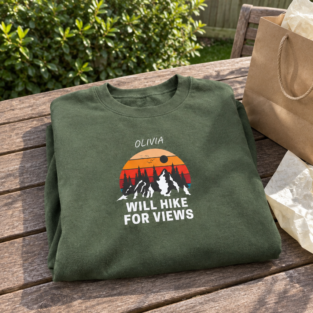 Military-green Will Hike for Views sweatshirt beside a gift bag