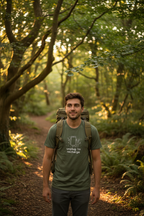 Unisex t-shirt in muted green with unplug-to-recharge graphic on chest