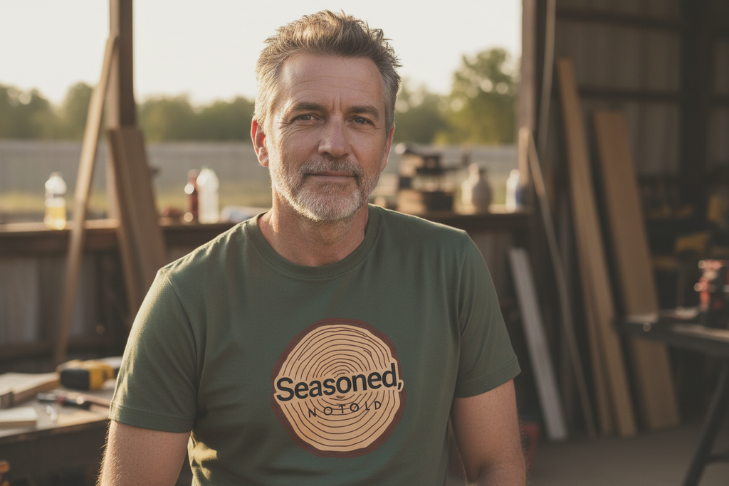 Assorted t-shirts in white, forest green, and dark gray with Seasoned wood-slice logo
