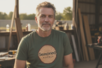 Assorted t-shirts in white, forest green, and dark gray with Seasoned wood-slice logo