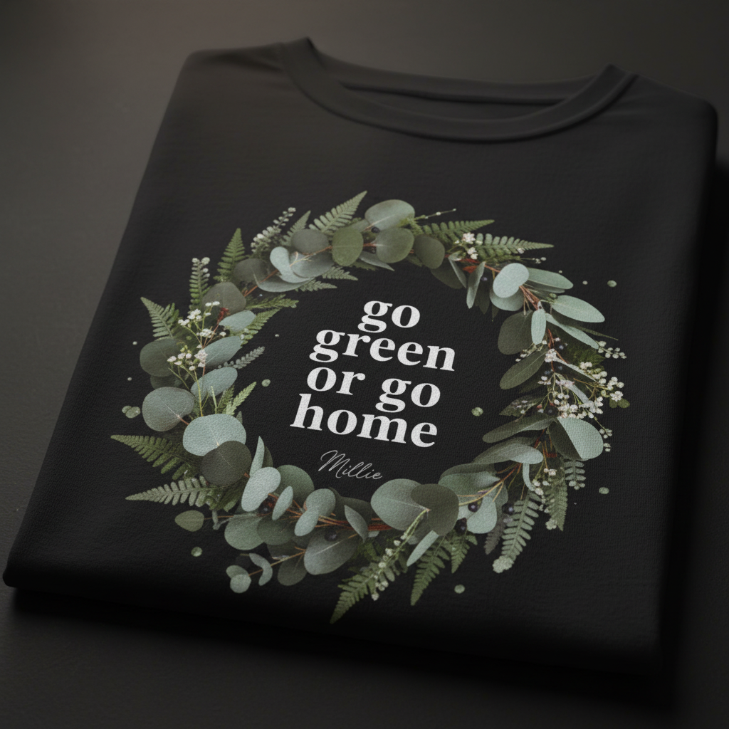 Black unisex T-shirt, folded, with “go green or go home” wreath graphic