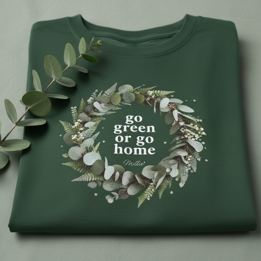 Forest green unisex T-shirt, folded, with “go green or go home” wreath graphic