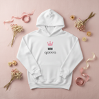 White hooded sweatshirt, front print shows pink crown and “MINI QUEEN”