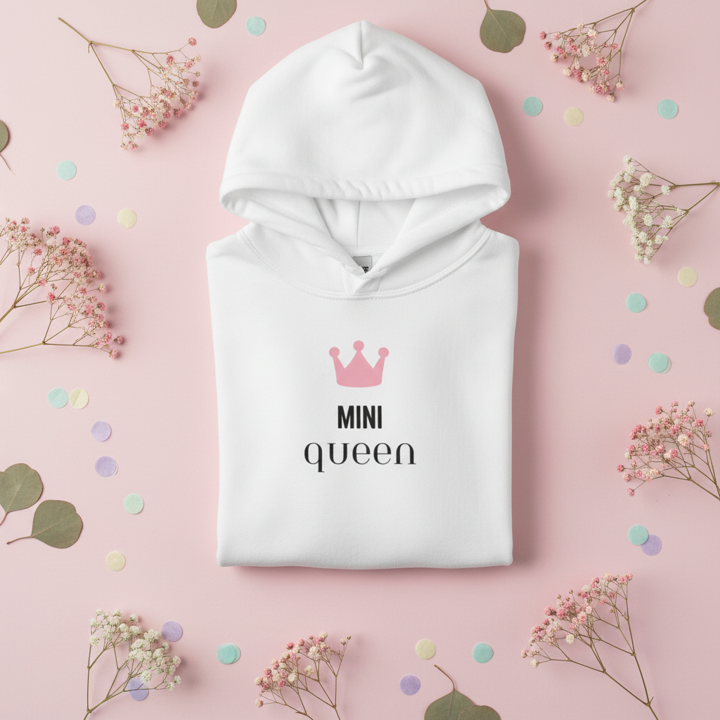 White hooded sweatshirt with pink crown logo and “MINI QUEEN” front print