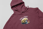 Maroon hooded sweatshirt with sunflower skull graphic and Fierce & Fragile text