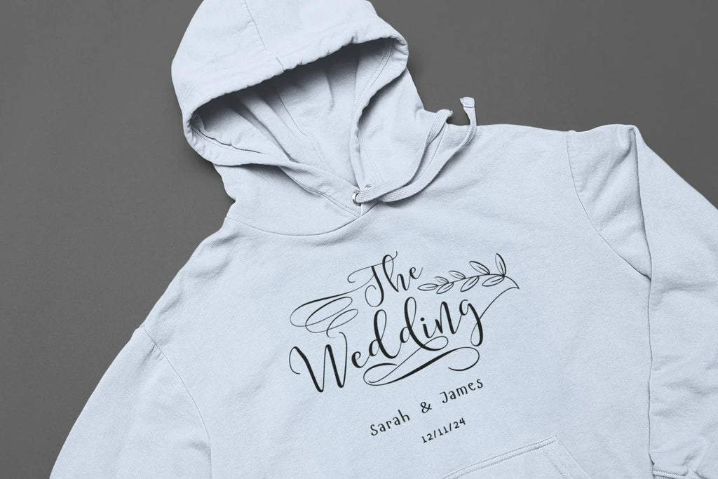 Light blue personalised wedding day hoodie sweatshirt with front hood and printed text