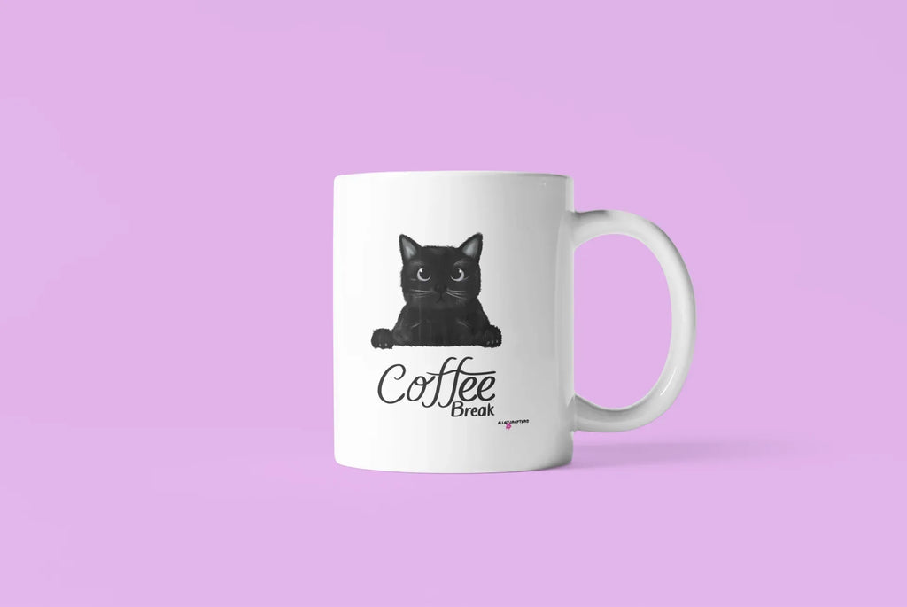 Coffee break mug in white with black cat graphic and “Coffee Break” text; angled view.