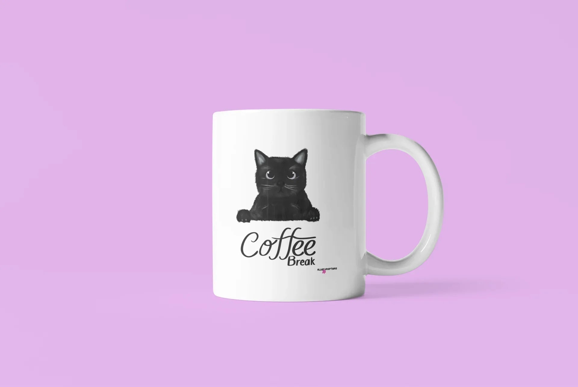Coffee break mug in white with black cat graphic and “Coffee Break” text; angled view.