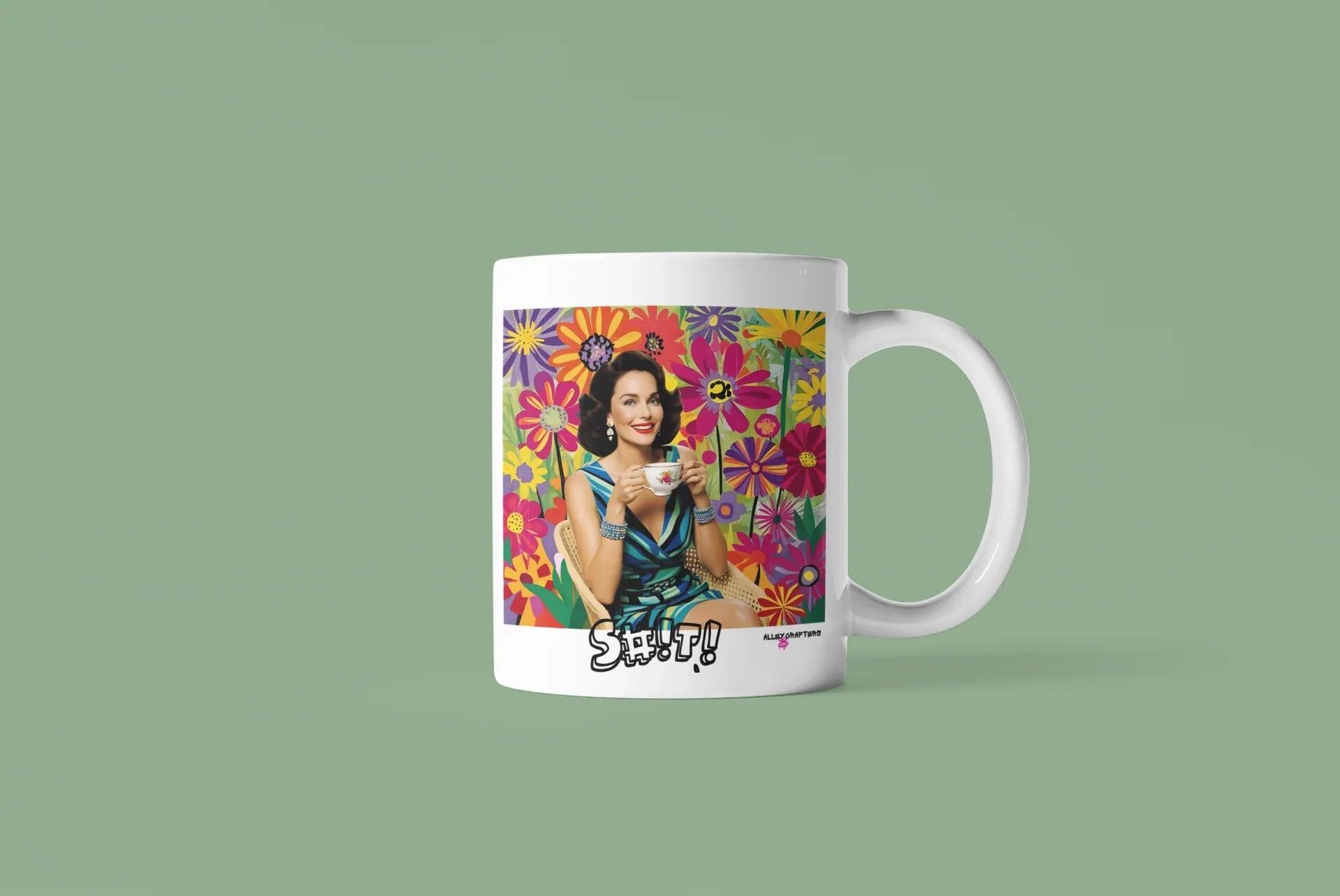 White coffee mug with colorful floral portrait woman design