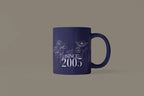 Blue ceramic mug with floral line art and “SINCE 2005” text