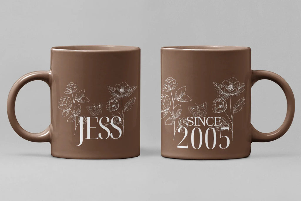 Personalised Floral Mug | Custom Name & Year Ceramic Coffee Cup | Mama, Nana, Grandma Gift - AlleyCrafters