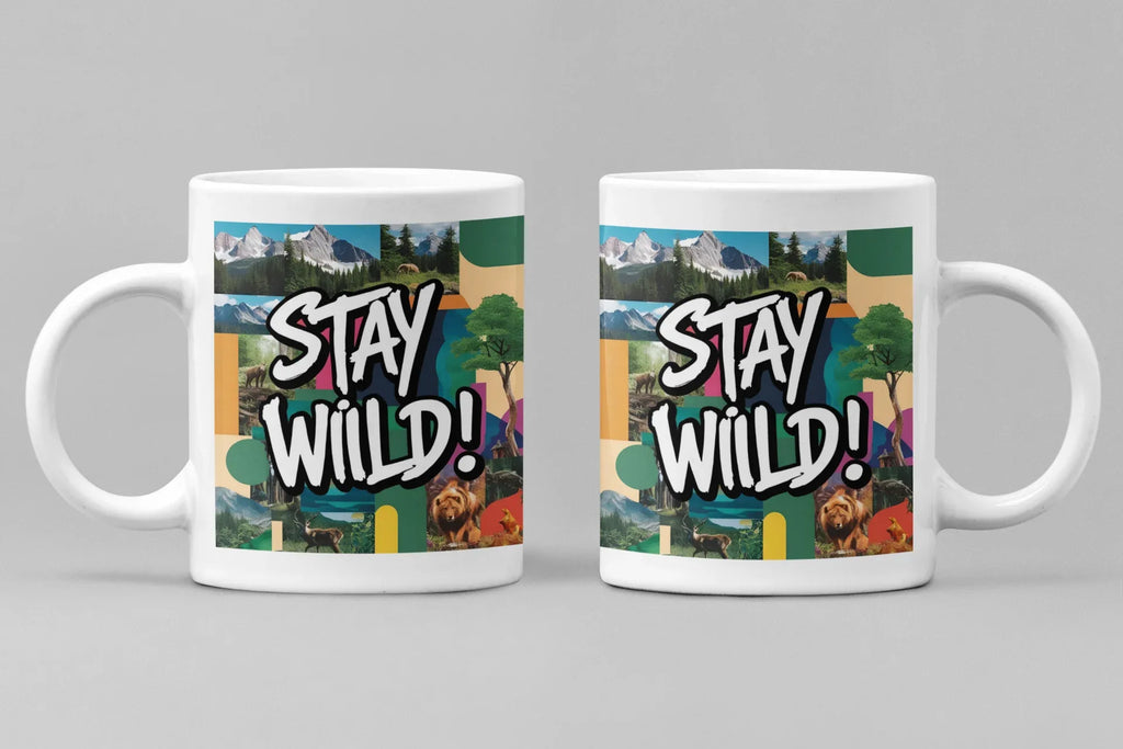 Two white ceramic mugs side by side with 'STAY WILD!' graphic