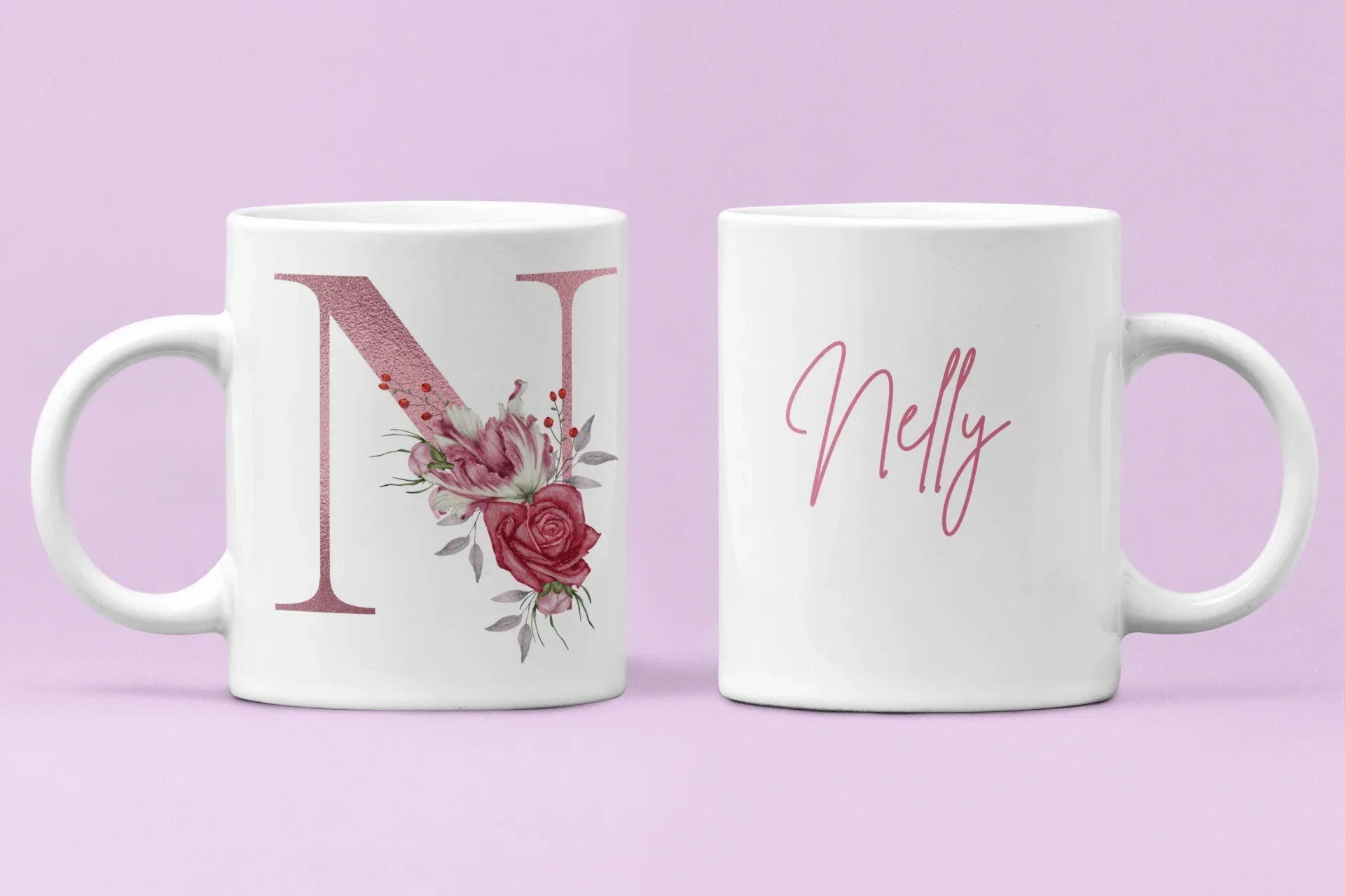 Pair of white ceramic mugs: floral letter N and pink cursive name Nelly.