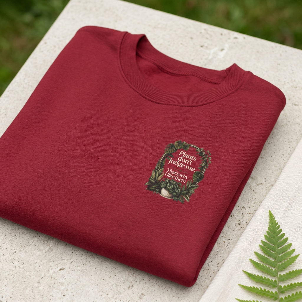 Antique cherry red sweatshirt with plant graphic and crew neck