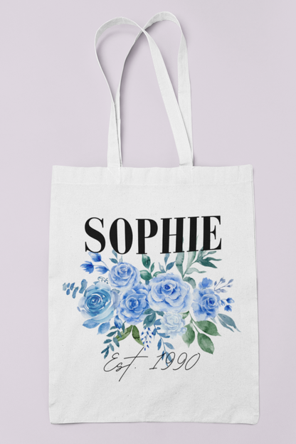 Personalised Floral Tote Bag | Custom Name, Text & Date | Choose Rose Colours | Eco Gift