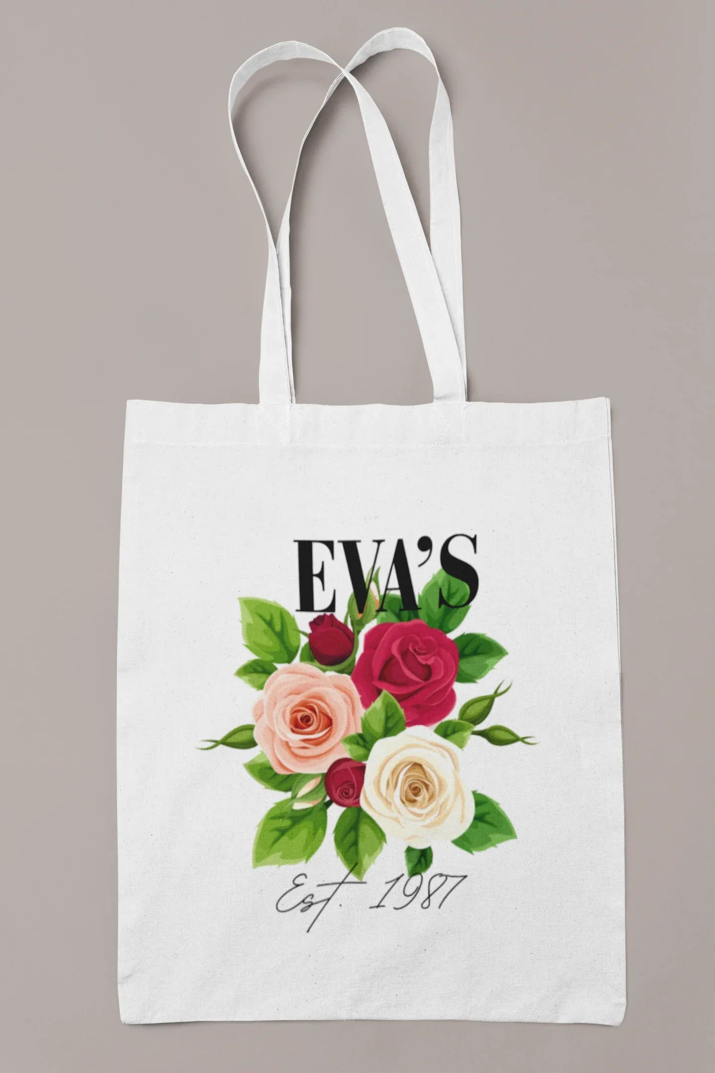 Personalised Floral Tote Bag | Custom Name, Text & Date | Choose Rose Colours | Eco Gift - Alley Crafters
