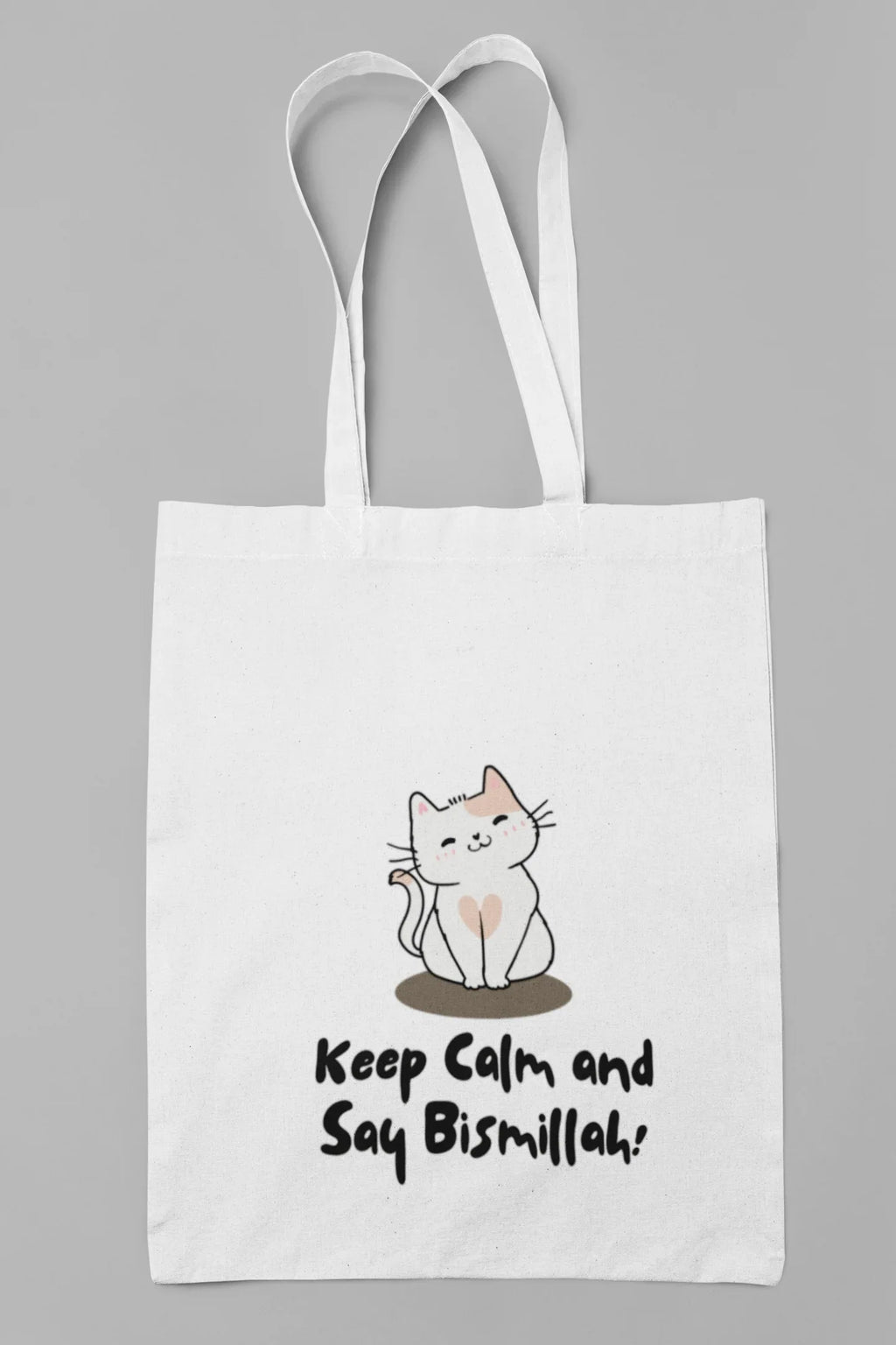 White cotton tote bag with cat graphic and slogan “Keep Calm and Say Bismillah!”