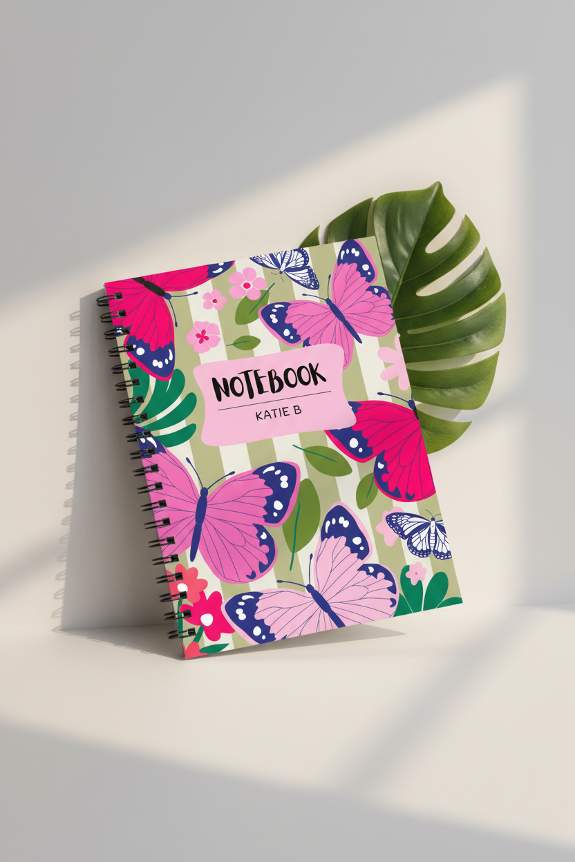 A5 spiral notebook, butterfly cover with pink label “KATIE B”