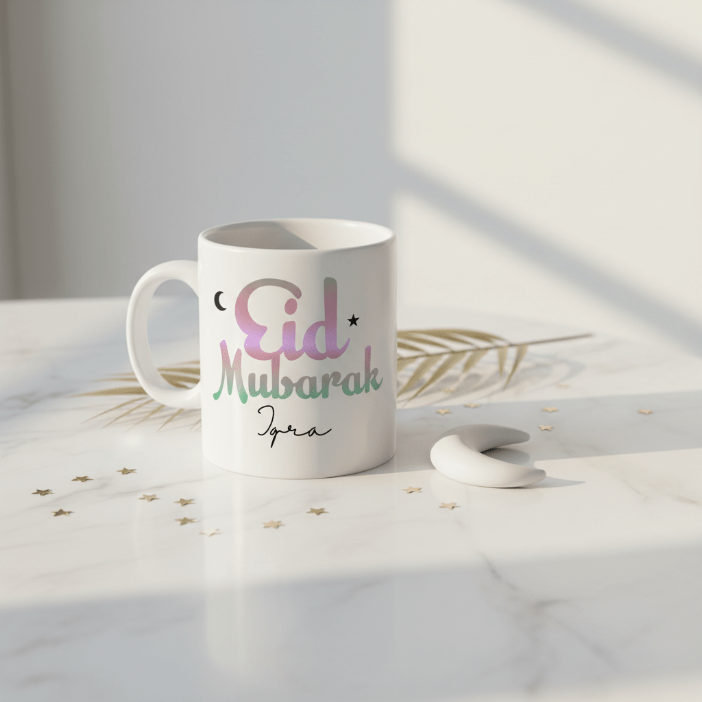 White ceramic mug with Eid Mubarak text, custom name Jopra, and star graphic