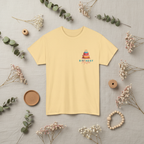 Pale yellow T-shirt with birthday cake graphic and 'Birthday Mum' text