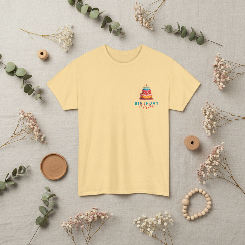 Pale yellow T-shirt with birthday cake graphic and 'Birthday Mum' text