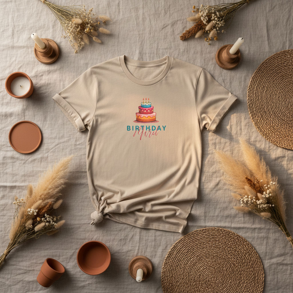Beige T-shirt with birthday cake graphic and 'Birthday Mum' text