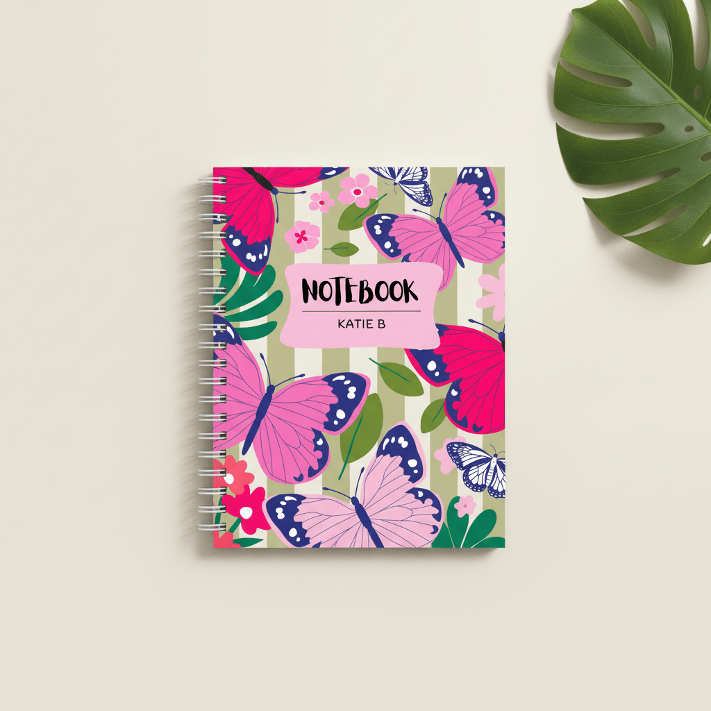Personalized A5 spiral notebook with butterfly floral cover, rings on left edge