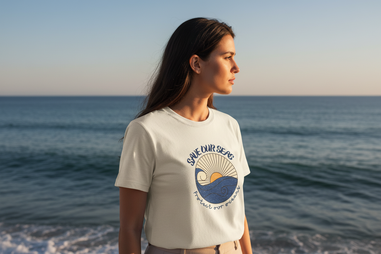 White crew-neck T-shirt with chest ocean graphic logo