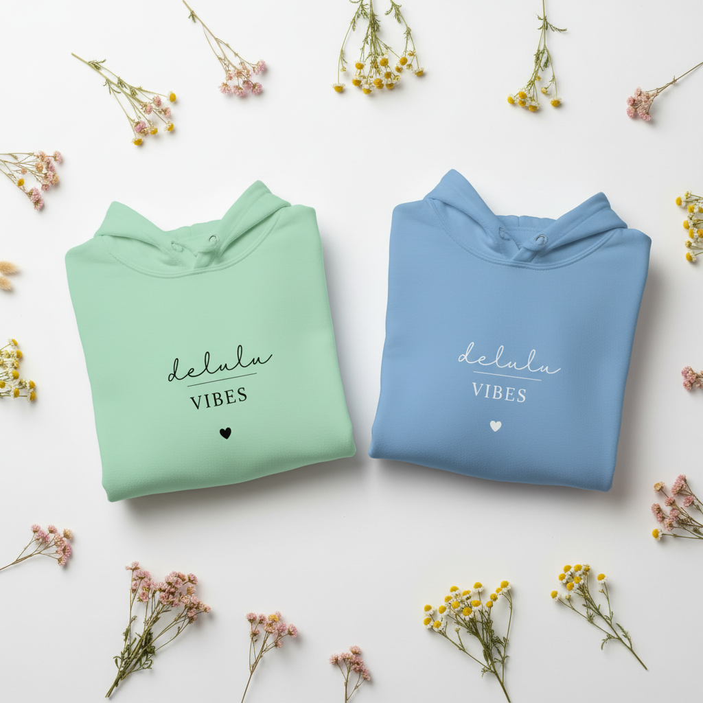 Set of mint green and blue hoodies, each with drawstring hood and “delulu vibes”