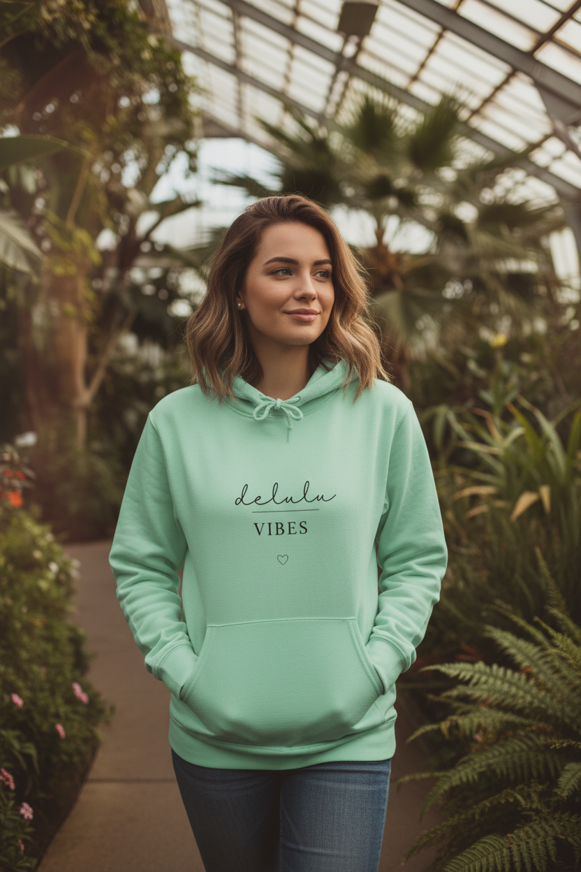 Mint green hoodie with front pocket, drawstring hood, and “delulu vibes” print