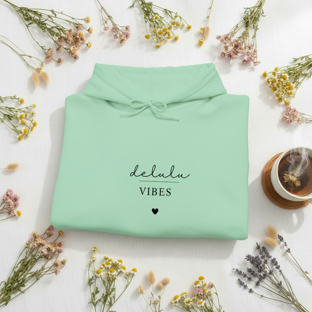 Mint green pullover hoodie with drawstring hood and “delulu vibes” graphic