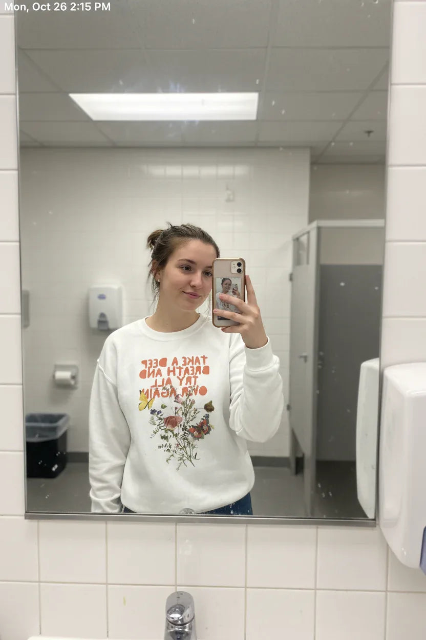White crewneck sweatshirt with floral quote graphic, long sleeves and ribbed cuffs