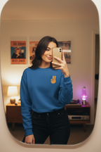 Royal blue sweatshirt with embroidered peace sign hand on chest