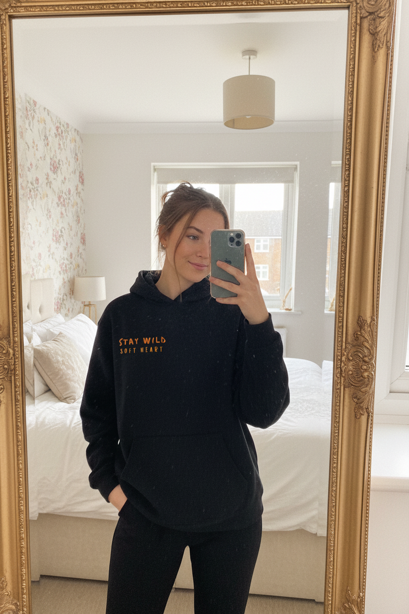 Black hoodie with small chest text logo in front