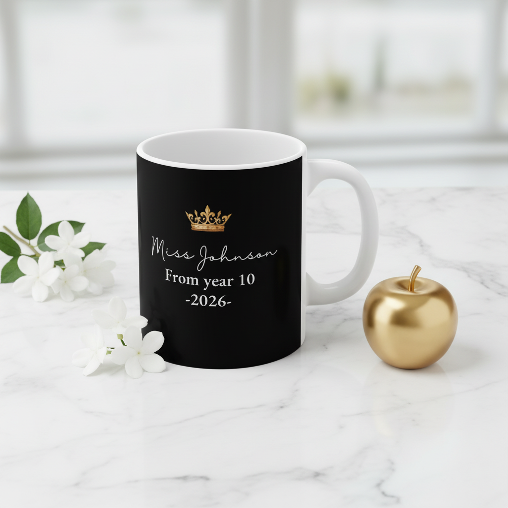 Black personalized teacher mug with crown and “Miss Johnson From year 10 -2026-” text