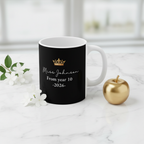 Black personalized teacher mug with crown and “Miss Johnson From year 10 -2026-” text
