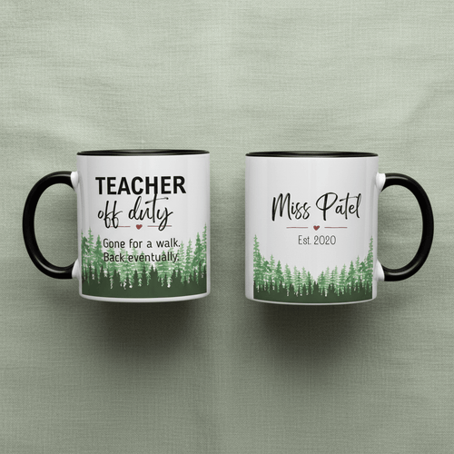 Two-tone teacher off duty mug pair: “Teacher off duty” left, “Miss Patel Est. 2020” right