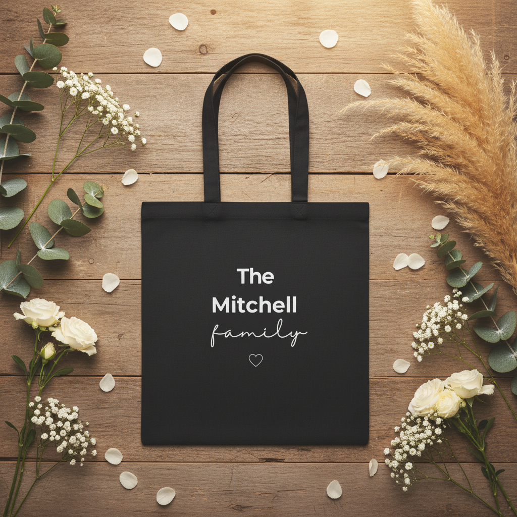 Black canvas tote bag with handles and “The Mitchell family” text and heart