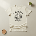 Ivory T-shirt with black 'Mentally Camping' mountain forest graphic front