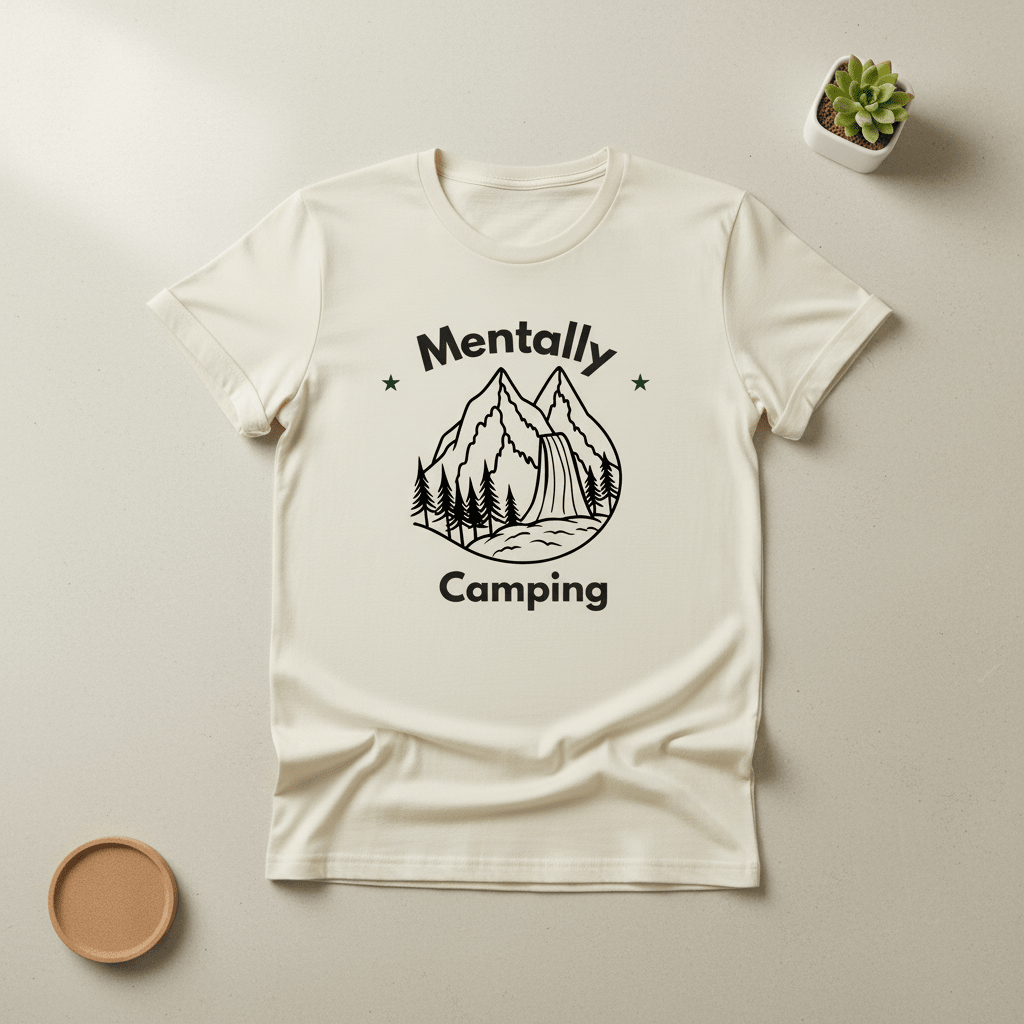 Ivory T-shirt with black 'Mentally Camping' mountain forest graphic front