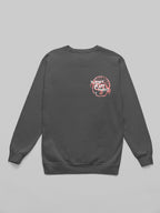 Grey crewneck sweatshirt with small pink Planet Over Profit logo on chest