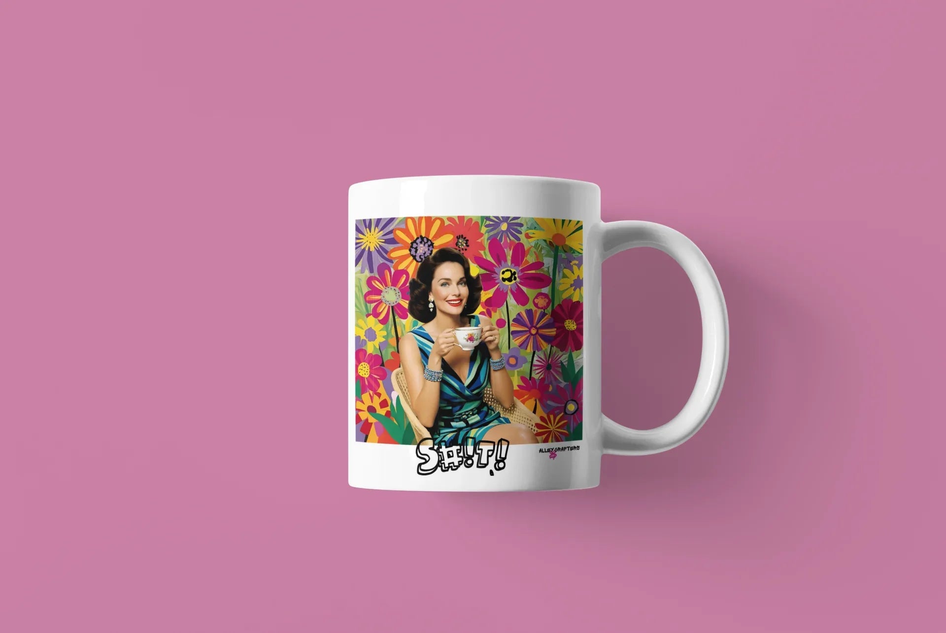 White coffee mug with floral portrait woman graphic on side