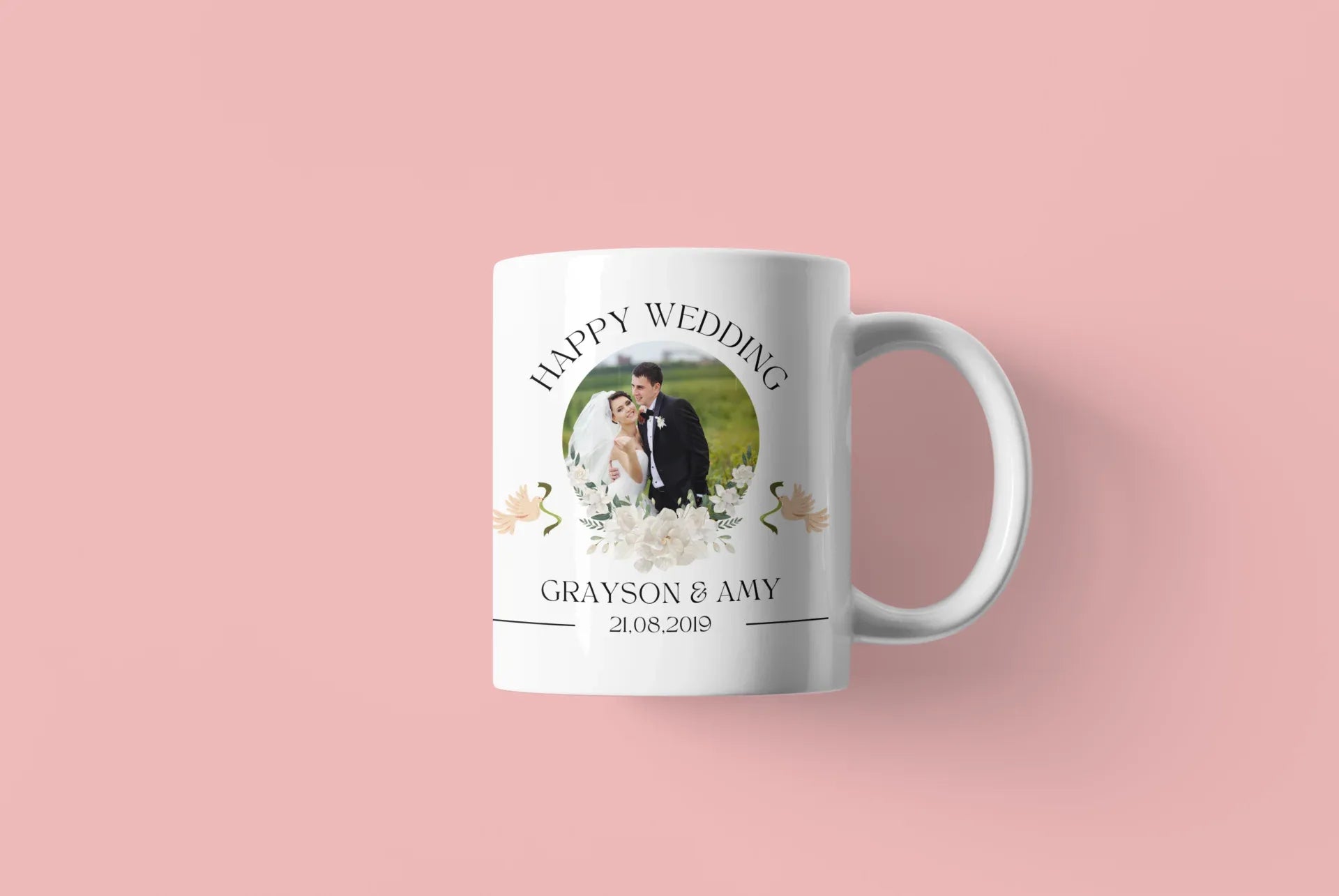 White wedding mug with couple photo, “Happy Wedding”, and names Grayson & Amy
