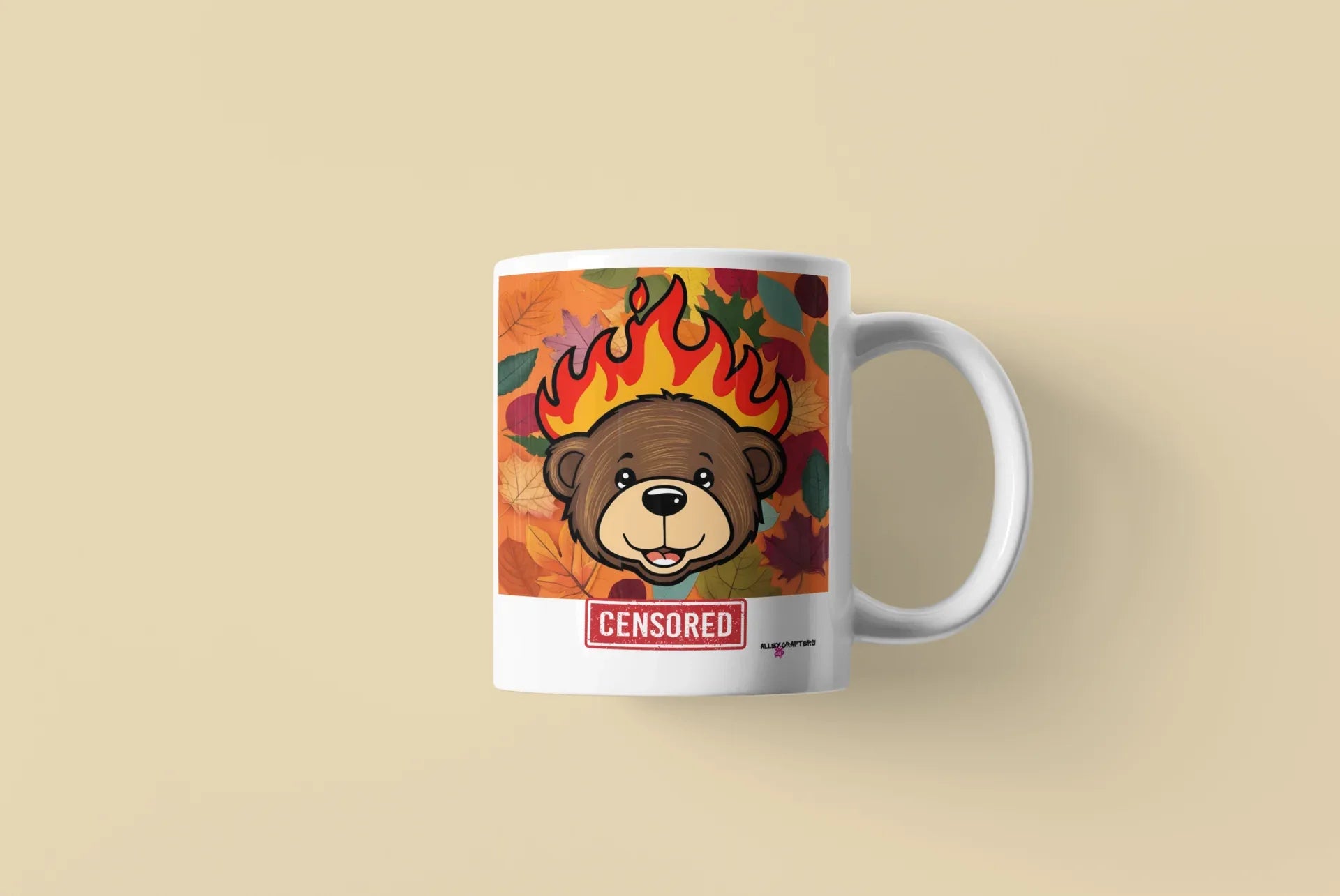 White ceramic bear mug with flames graphic and red “CENSORED” label, side view.