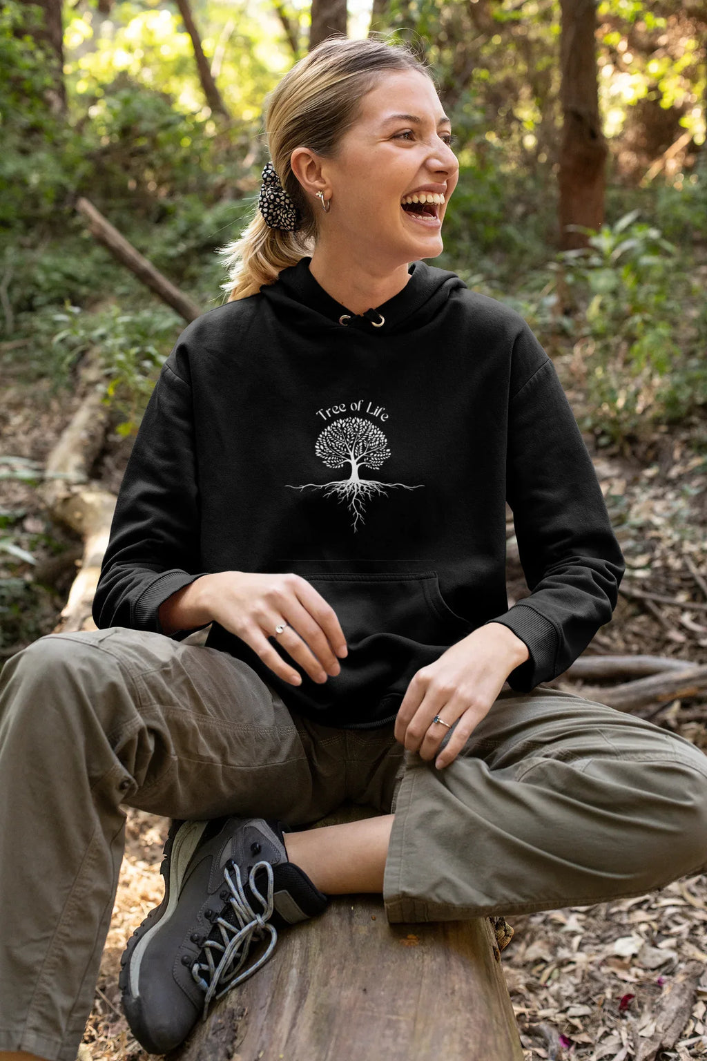 Black hoodie sweatshirt with Tree of Life tree graphic on chest and front kangaroo pocket