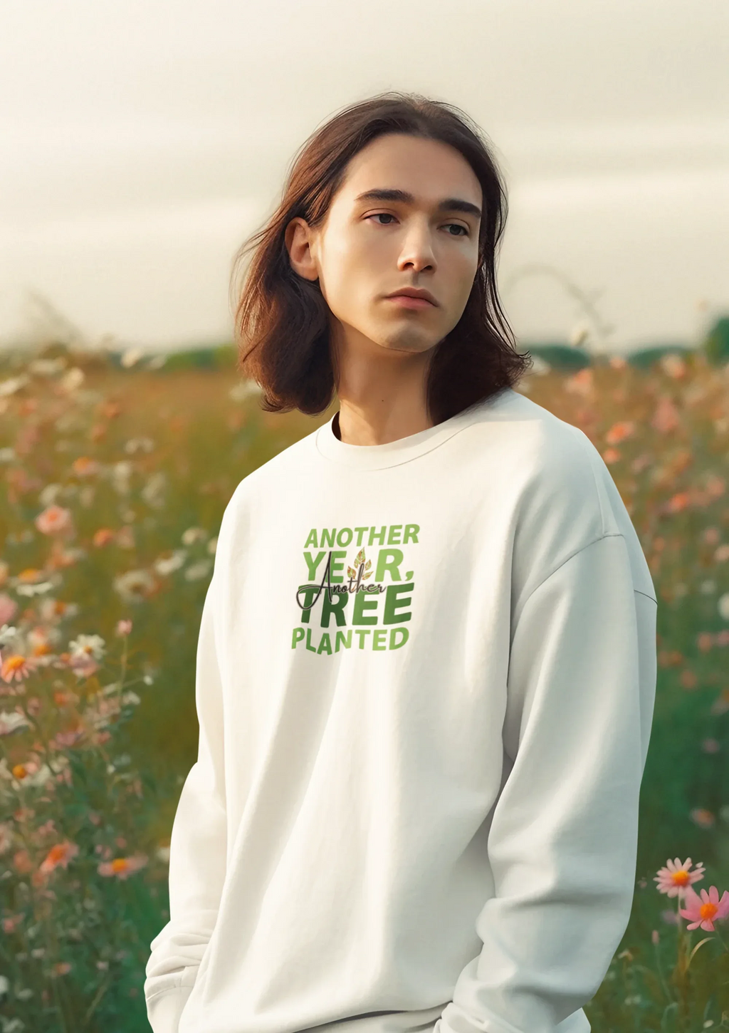 Light blue crewneck sweatshirt worn by model with green “Another Year, Tree Planted” chest graphic.