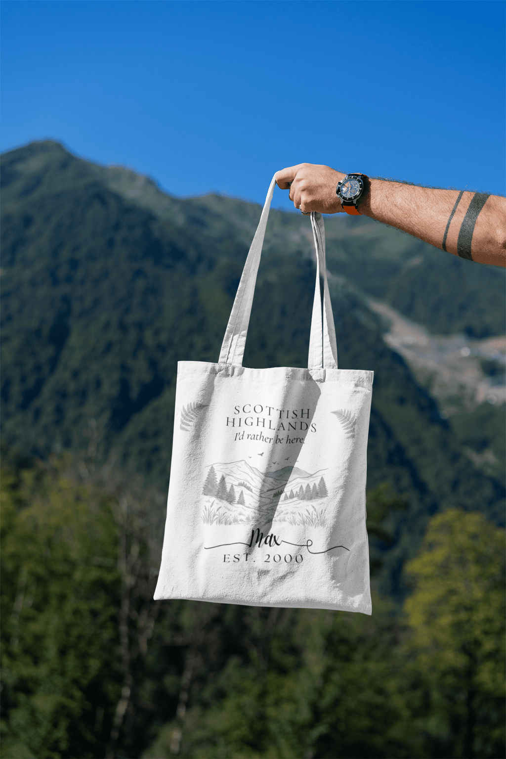 Personalised Mountain Tote Bag — Custom Location, Name & Date | Scenic Illustration - AlleyCrafters
