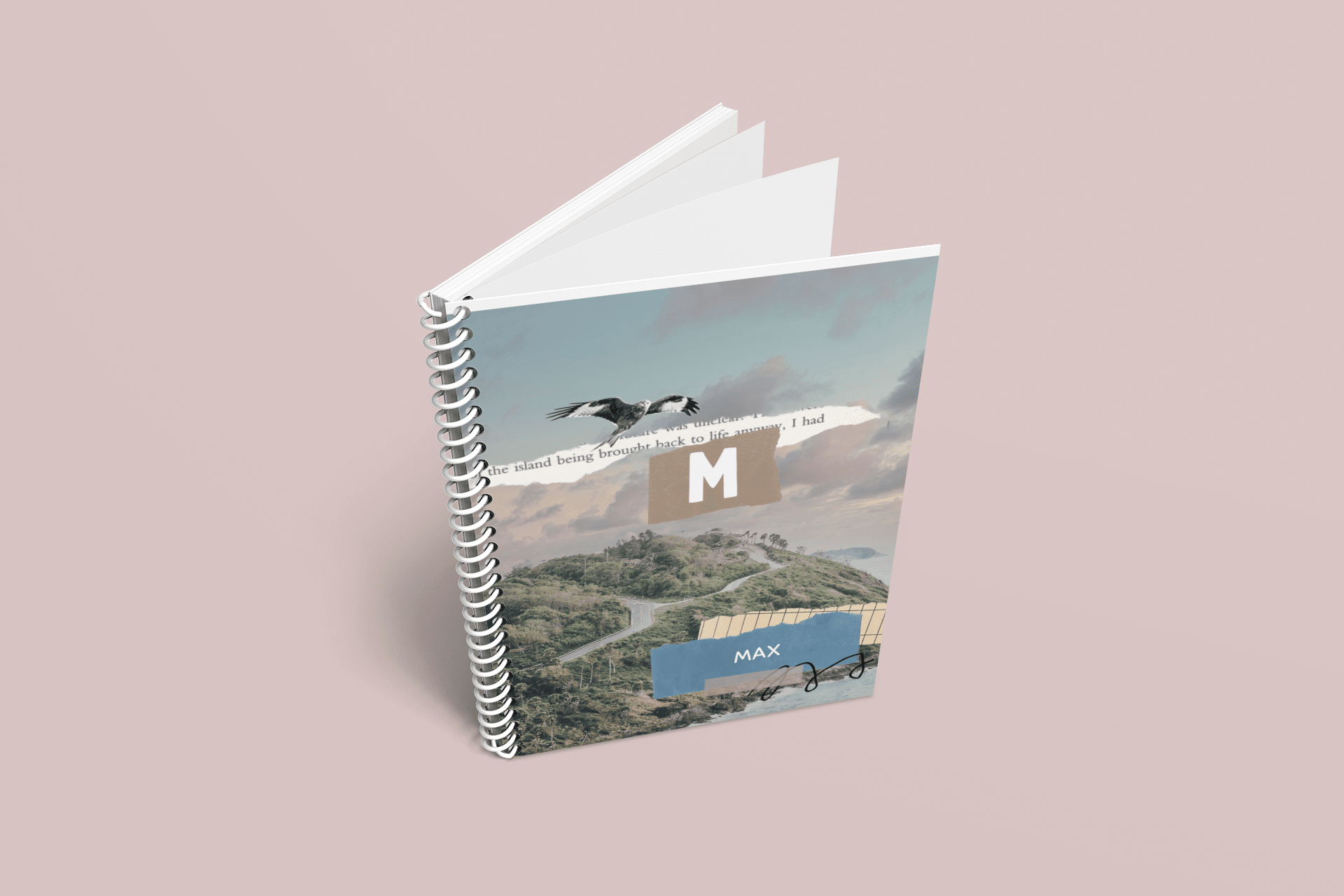 A5 wirobound notebook with coastal collage cover and monogram M