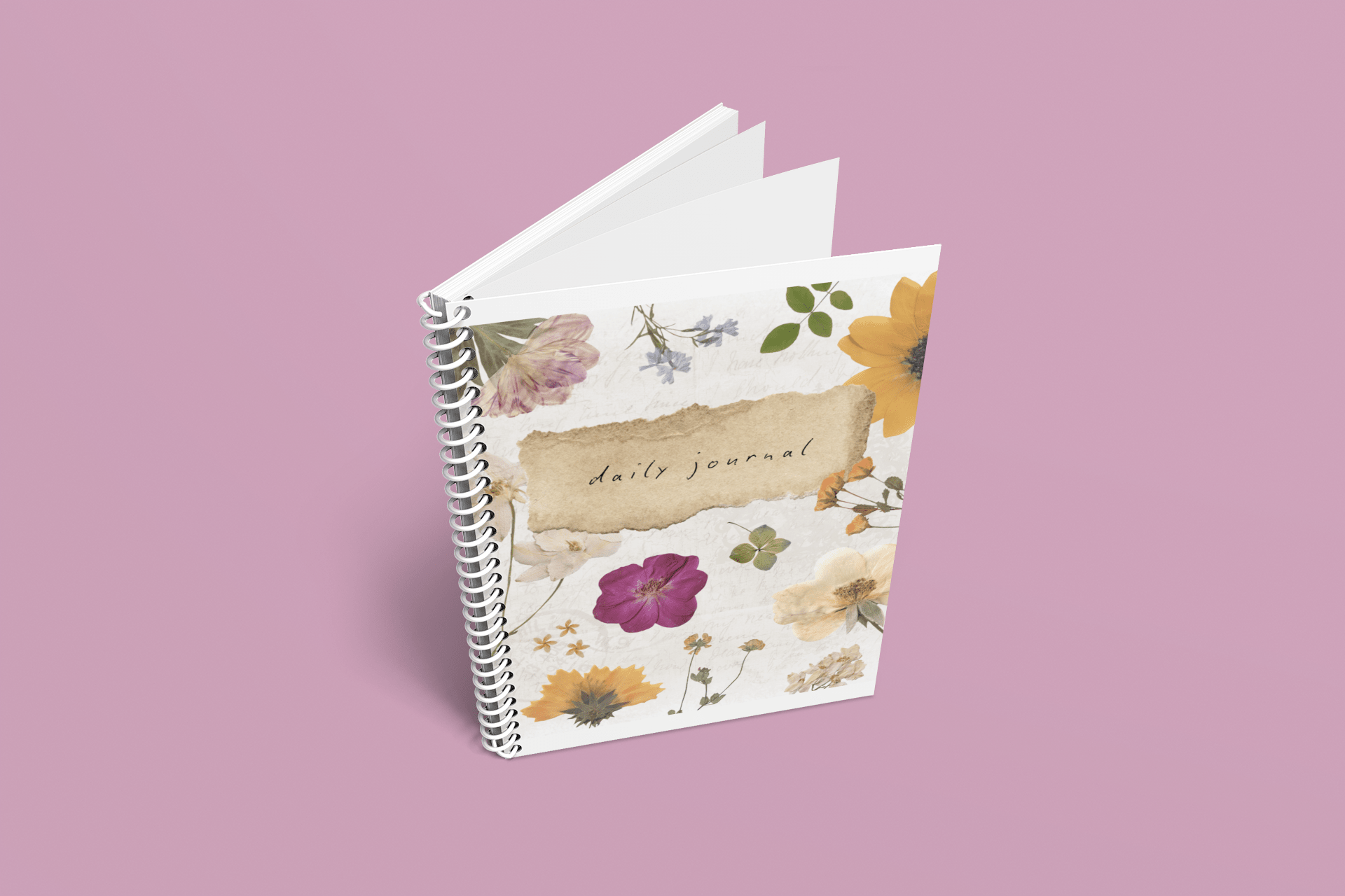 A5 wirebound journal notebook with layered floral softcover, lined pages.