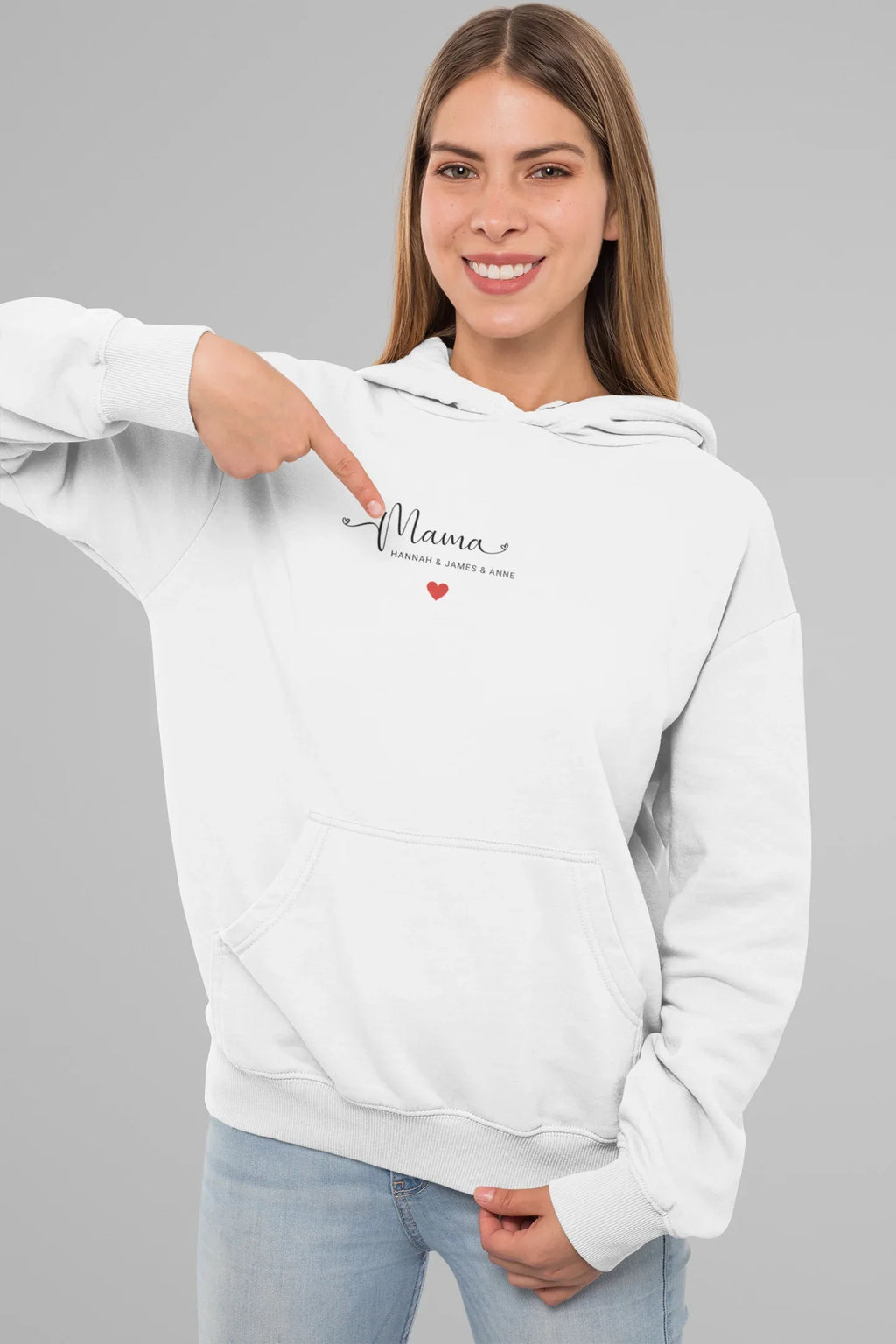 White hooded sweatshirt with “Mama” print and red heart, front view